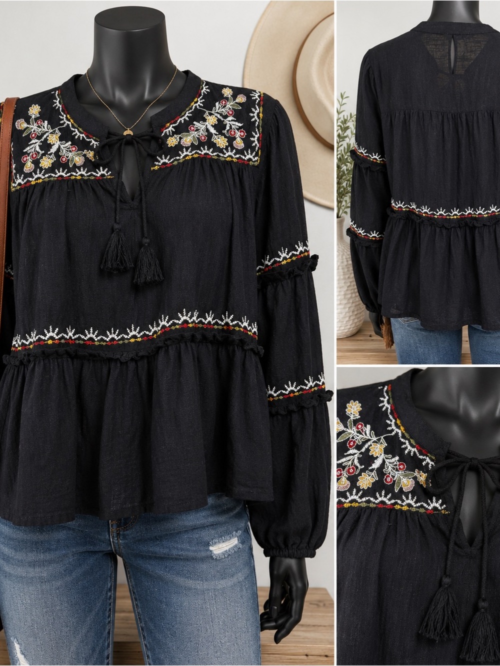 Rebellion Black Embroidered Boho Peasant Blouse L 100% Cotton Tassel Tiered